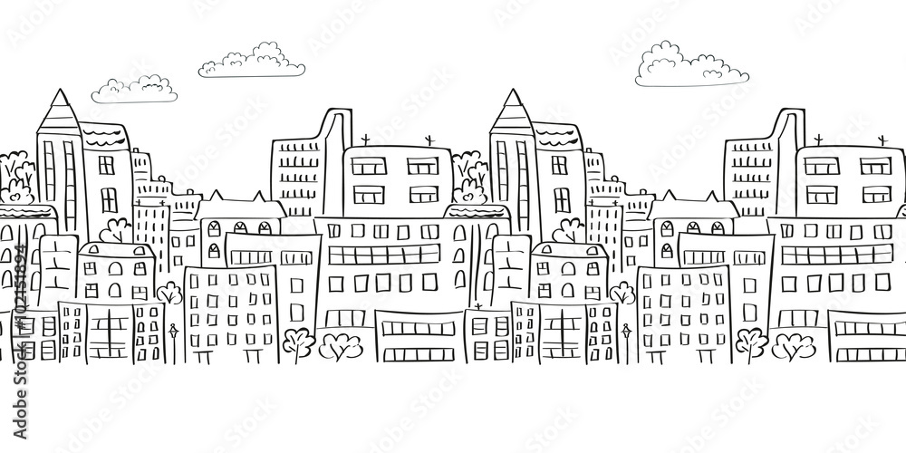 Cityscape seamless border for your design. Doodle vector background. 