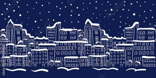 Winter cityscape seamless border. Panorama. Doodle vector illustration. 