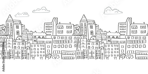Cityscape seamless border for your design. Doodle vector background. 