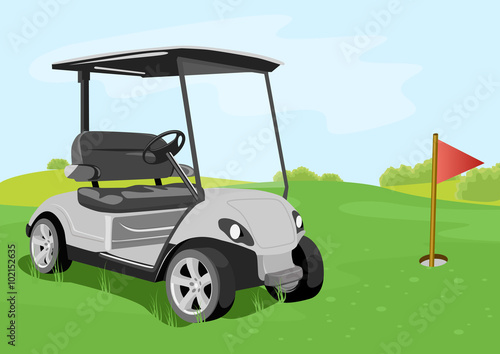 golf cart and flag on a golf course