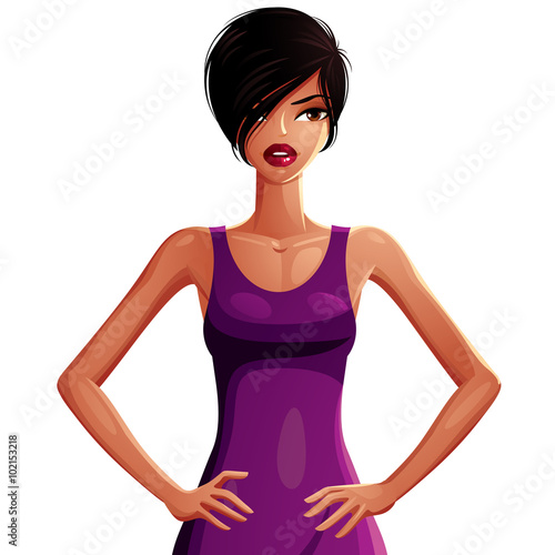 Beautiful tanned slender woman wearing an elegant emerald dress