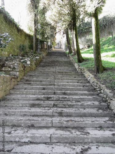 Steep flight of stairs leading up to medieval village of Volterra  Province of Pisa  Tuscany  Italy