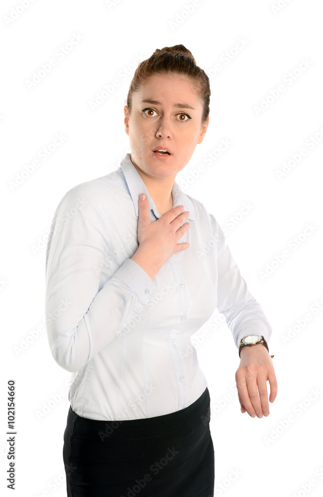 Portrait of shocked young woman holding hand with wrist watch and looking at camera isolated on a white background Portrait of shocked young woman holding hand with wrist watch and looking at camera isolated on a white background