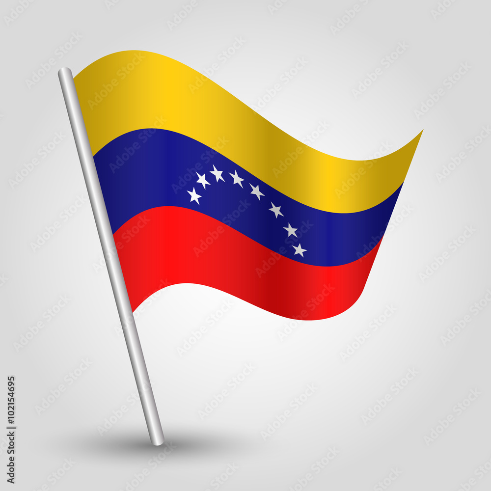 vector waving simple triangle venezuelan flag on slanted pole - icon of venezuela with metal stick vector waving simple triangle venezuelan flag on slanted pole - icon of venezuela with metal stick