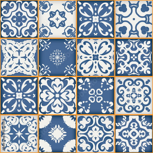 Gorgeous seamless patchwork pattern from dark blue and white Moroccan tiles, ornaments. Can be used for wallpaper, pattern fills, web page background,surface textures.