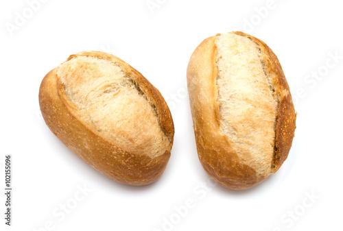 two freshly baked bread rolls on white background