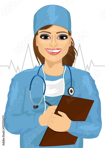 female doctor or nurse with stethoscope taking notes