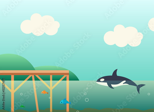 Wooden jetty beach colorful with fish. vector background