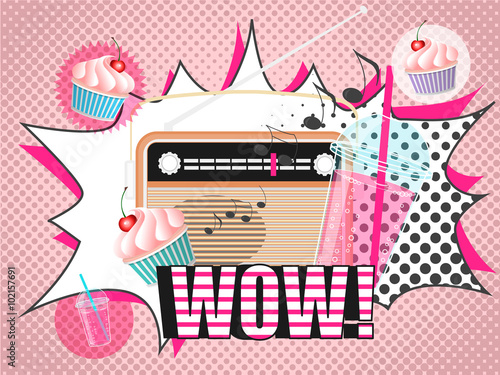  Vector illustration of radio smoothie and cupcake design in pop art comic style.