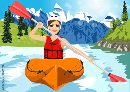 Girl with paddle and kayak on a small river 