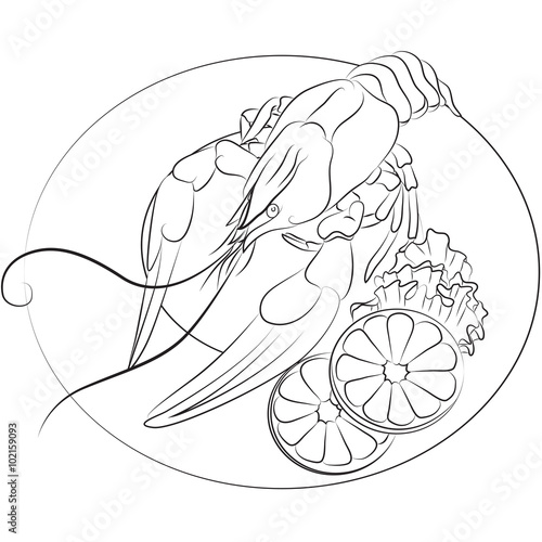 Crayfish on a plate with slices of lemon and salad outline