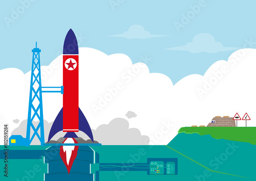 North Korea or NoKor tests its Ballistic Missile or Rocket Orbit Satellite concept. Editable Clip Art. © crystaleyestudio