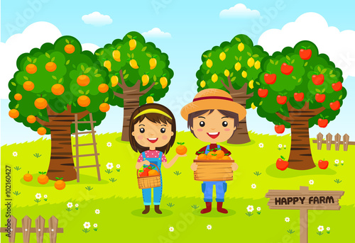Farmers working in a farm, gardener, garden fruit, cartoon characters vector..