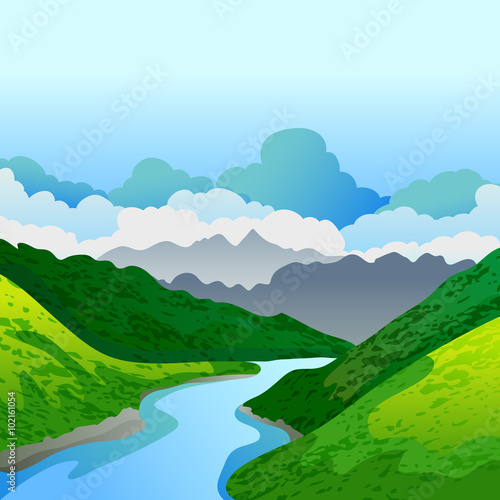 Vector summer or spring landscape. Panorama of green mountains,