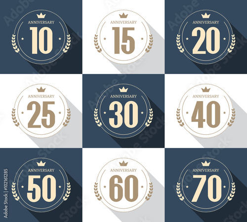 Vector set of anniversary signs, symbols. 10, 15, 20, 25, 30, 40, 50,60, 70 years jubilee design elements collection. 10th, 15th, 20th, 25th, 30th, 40th, 50th,60th, 70th anniversary logo.