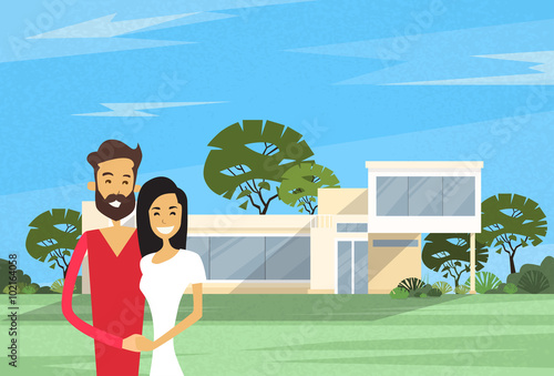 Couple Embracing In Front Of New House Modern Villa Vector Illustration