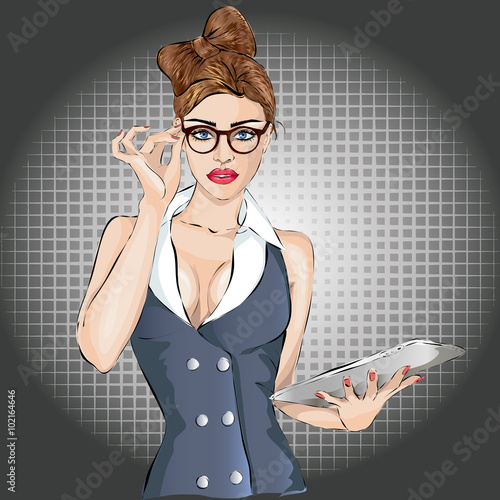 Pin-up sexy business woman portrait with laptop or tablet