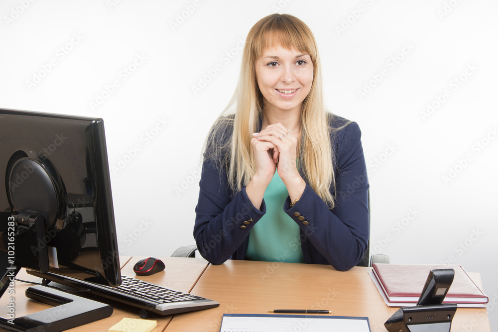 Beautiful girl secretary meets visitor Beautiful girl secretary meets visitor