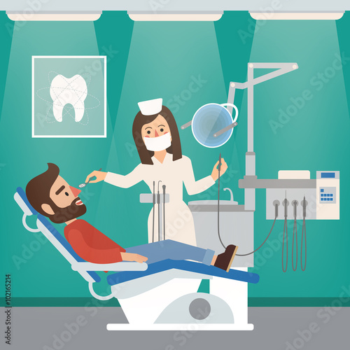 Dentist Cabinet Interior with Doctor, Patient, Dental Tools and Chair
