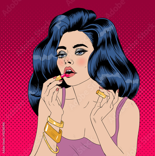 Attractive Girl in Pop Art Style is Doing Makeup with Lipstick