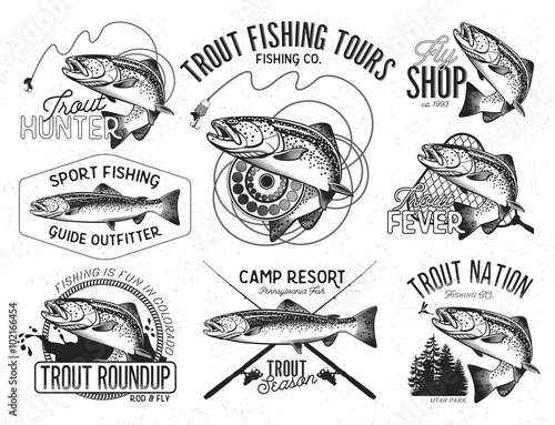 Fotografie, Obraz Vintage trout fishing emblems