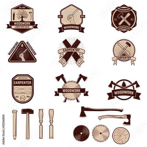 Set of the carpentry labels and emblems. Woodworks