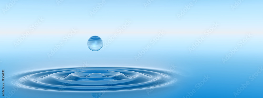 Conceptual blue liquid drop falling in water banner Conceptual blue liquid drop falling in water banner