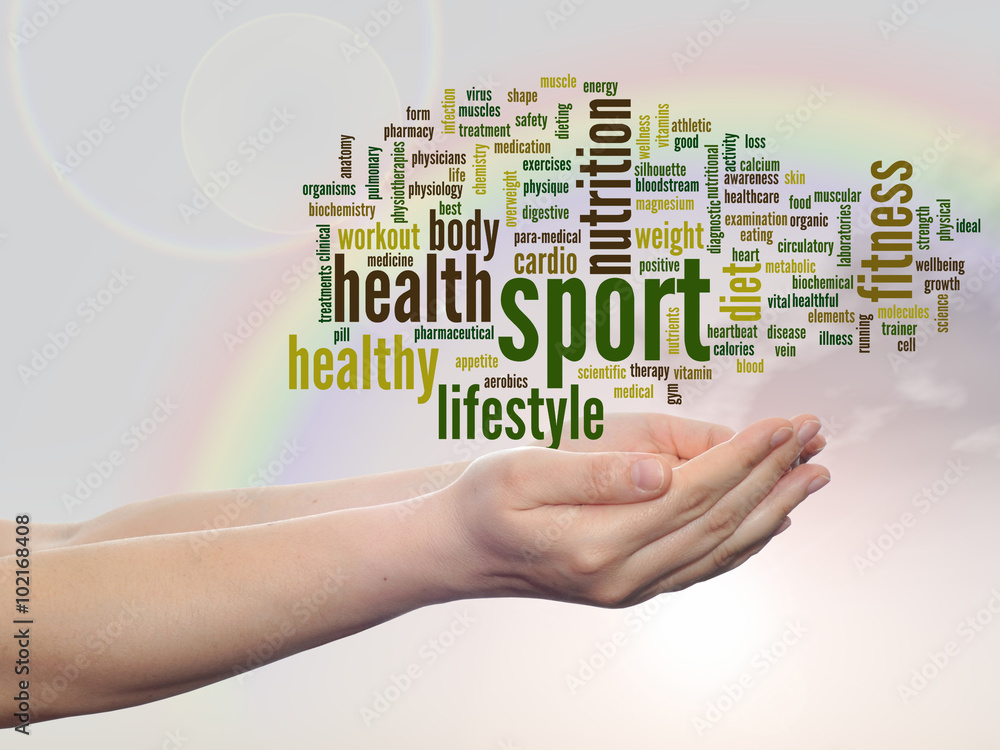 Conceptual health word cloud over rainbow Conceptual health word cloud over rainbow