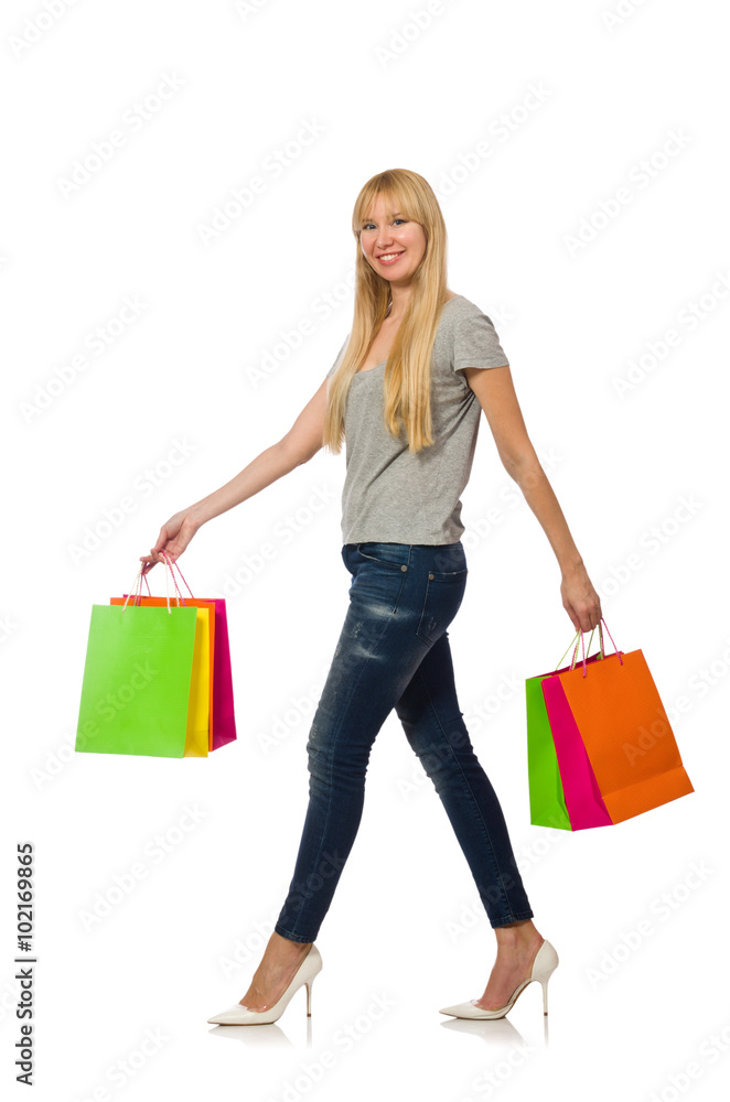 Woman with shopping bags isolated on white Woman with shopping bags isolated on white