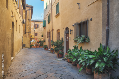 Beautiful and colorful streets of the small and historic Tuscan village Pienza, Italy © naumenkophoto