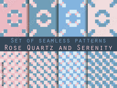 Set seamless patterns with squares. Rose quartz and serenity violet colors. The pattern for wallpaper, bed linen, tiles, fabrics, backgrounds. Vector illustration.