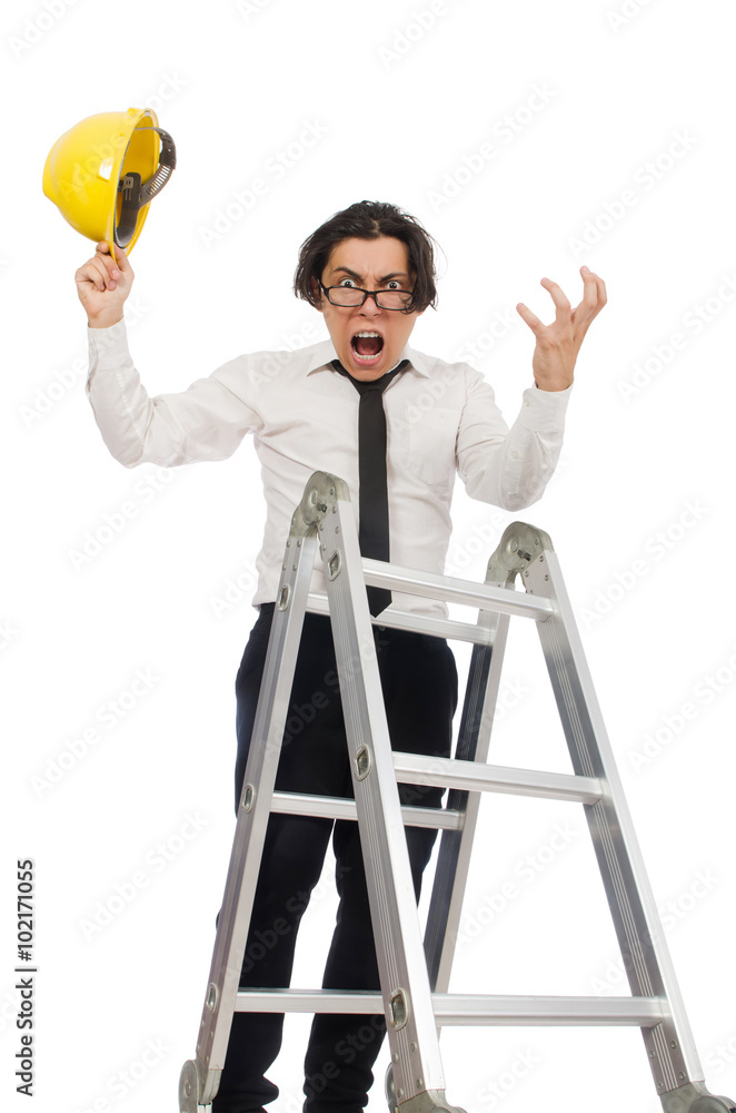 Construction worker in funny concept on white Construction worker in funny concept on white