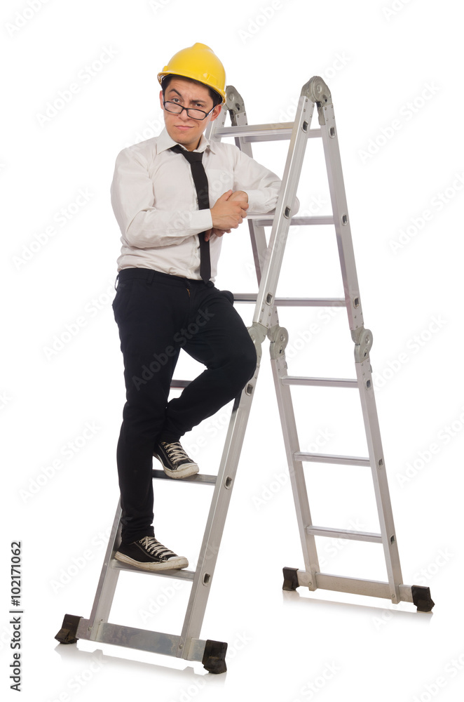 Construction worker in funny concept on white Construction worker in funny concept on white