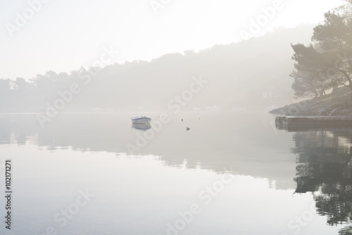 beautiful misty morning view of the calm tranquil sea with reflections of the surroundings in the water © Marko Balenovic