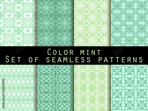 Set seamless patterns. Color mint. The pattern for wallpaper, bed linen, tiles, fabrics, backgrounds. Vector illustration.