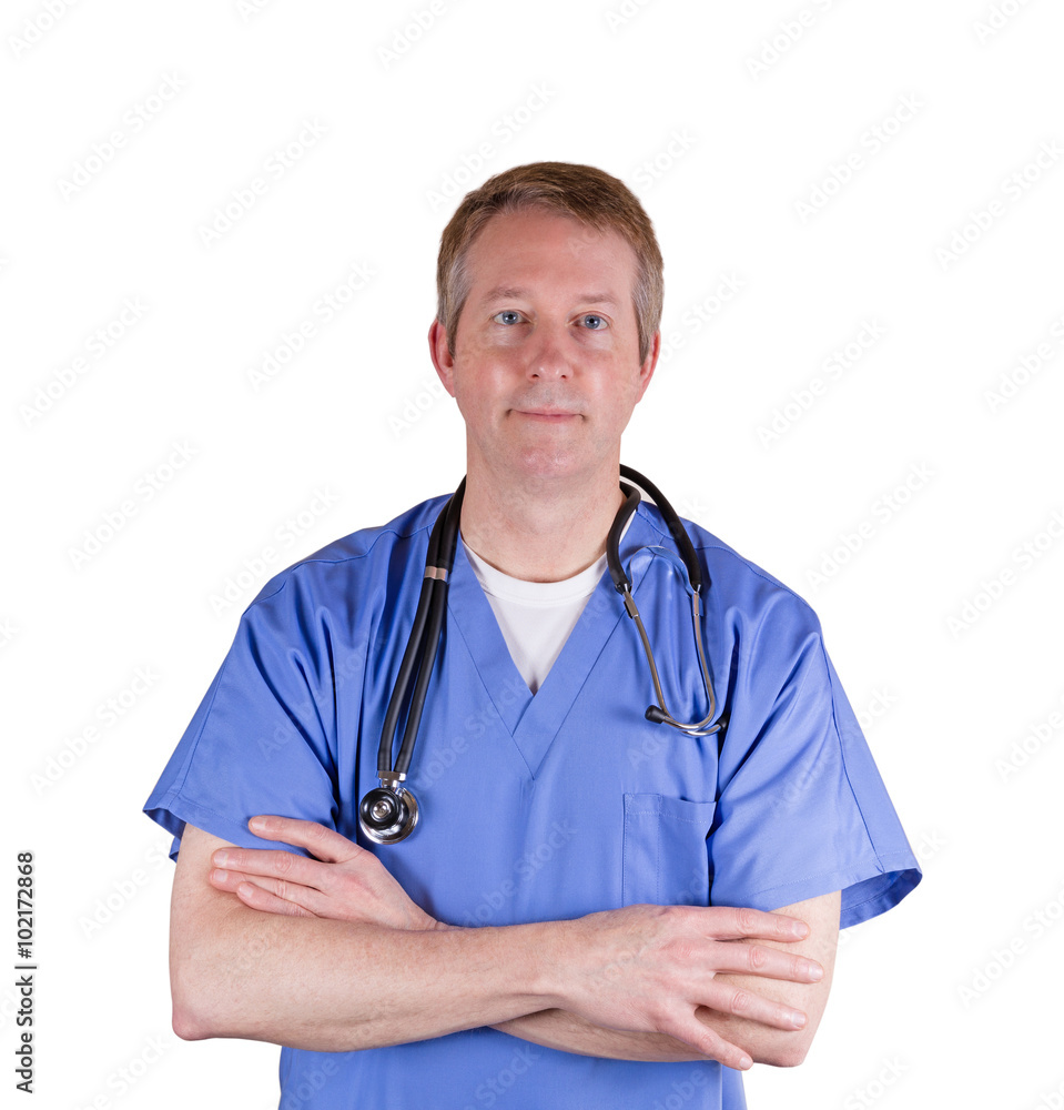 Doctor wearing blue scrubs isolated on white background Doctor wearing blue scrubs isolated on white background