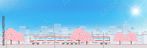 電車　桜　都会　背景