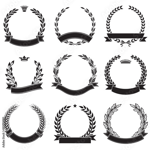 Set of laurel wreaths with ribbon banners award collection