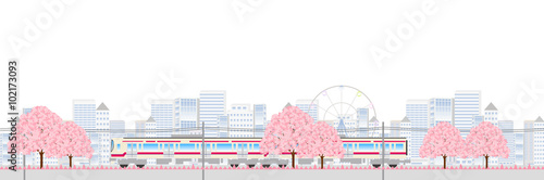 電車　桜　都会　背景