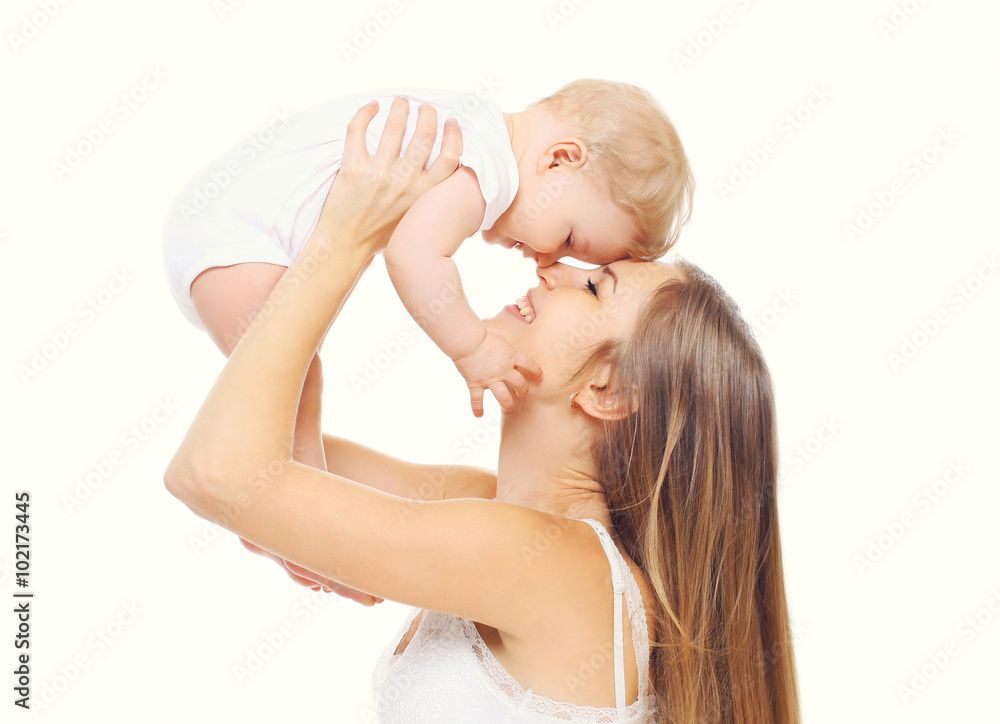 Happy smiling mother with baby having fun together on white back Happy smiling mother with baby having fun together on white back
