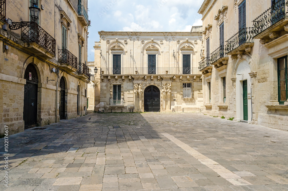 Small baroque square in central Lecce, Salento, Italy