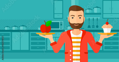 Man with apple and cake.