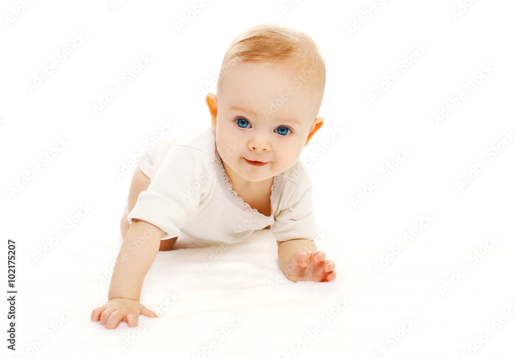 Cute smiling baby crawls on a white background Cute smiling baby crawls on a white background
