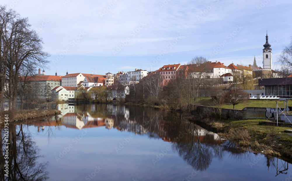 Colorful royal medieval Town Pisek above the river Otava, Czech Republic 