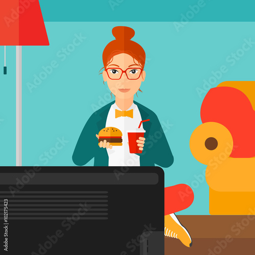 Woman eating hamburger. 