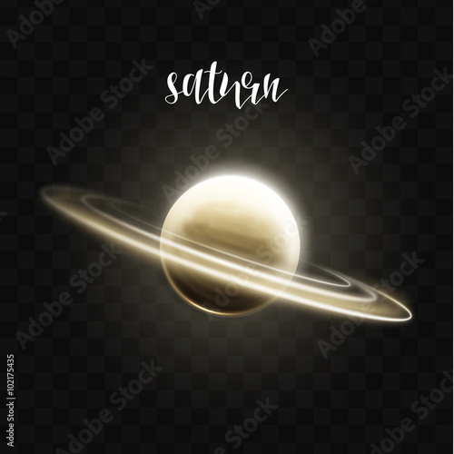 Realistic glowing Saturn planet Isolated. Glow with transparency on black background. Lighting effects. Glowing planet. Realistic space object. Universe. Solar system. Planet for design. Space