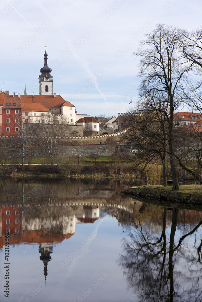 Colorful royal medieval Town Pisek above the river Otava, Czech Republic 