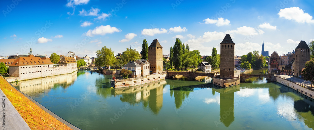 Strasbourg panorama, medieval bridge Ponts Couverts and Cathedra