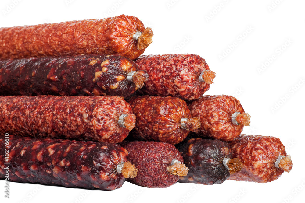salami sausages isolated on white background salami sausages isolated on white background