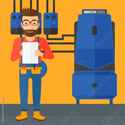 Confident builder with tablet.